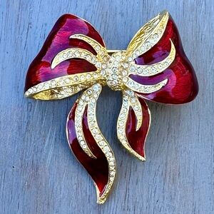 RJ Graziano Vintage Red & Gold Rhinestone Bow Brooch
